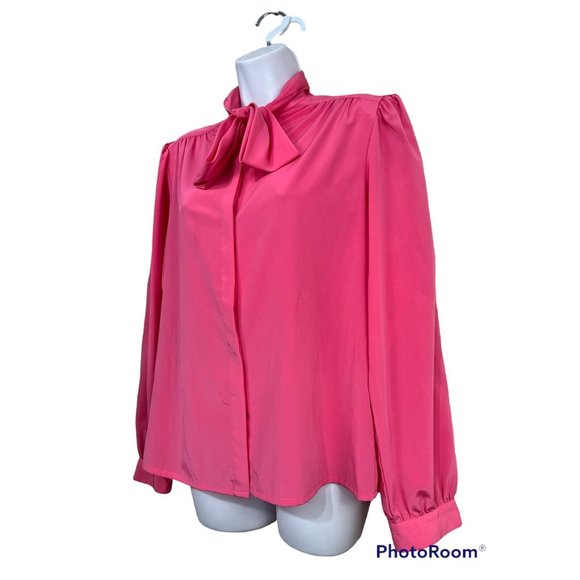 Vtg 80s Hot Pink Pussybow Blouse Sz 8 Long Sleeve Button Up Romantic Secretary - Picture 2 of 10